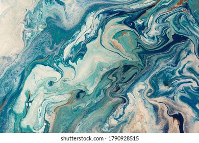 Closeup of mixed turquoise and white abstract marble texture. Hand painted beautiful pattern, wallpaper or background for print design as invitation or greeting cards. Ocean or sea artwork