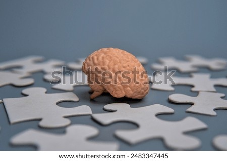 A close-up model of a human brain surrounded by scattered puzzle pieces.