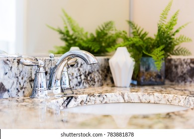 Closeup Of Modern Bathroom Sink With Neutral Granite Countertop And Mirror, Green Plant In Pot