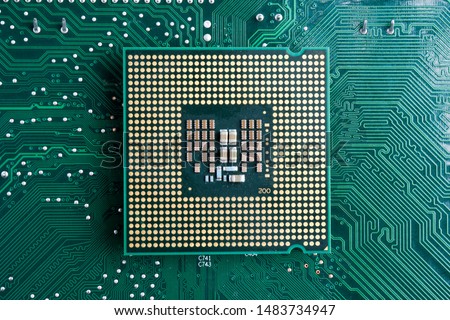 Close-up of modern CPU Chip Processor for tech science background. Selective Focus.