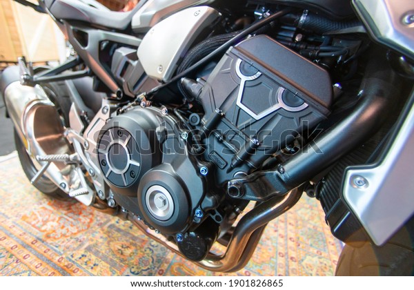 Close-up of a modern motorbike engine\
device . Salzburg, Austria - 02 november 2019\
.