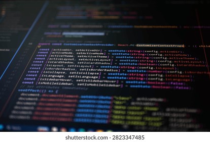 Close-up of modern programming code on a computer screen with selective focus and colorful syntax highlighting, representing software development, coding, web technology, cybersecurity, programming and digital innovation.