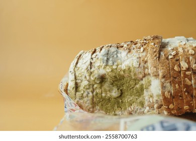 Close-Up of Mold-Infested Bread Slice on Orange Background