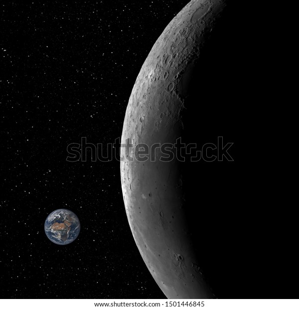 Closeup of the Moon and the small planet Earth\
against starry night sky background, elements of this image\
furnished by NASA