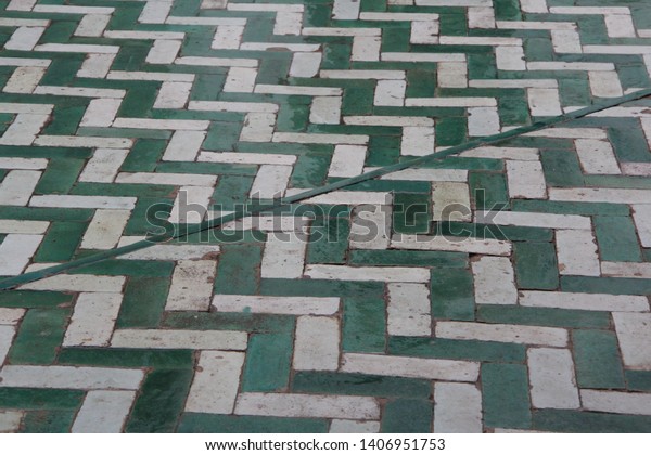 Closeup Moroccan Green White Herringbone Tiles Stock Photo Edit Now 1406951753