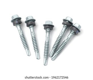 Close  up for mortar self  drilling screws made chrome metal and black rubber  Isolated white background