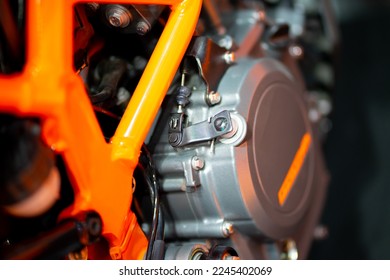 Closeup of motorcycle engine side Air-cooled type for motorcycles.