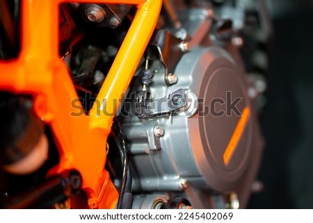 Closeup of motorcycle engine side Air-cooled type for motorcycles.