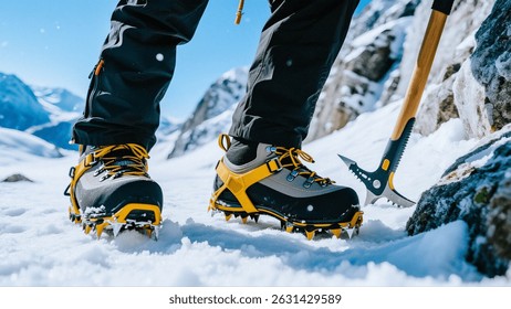 Primer plano de botas de montañismo con crampones en la nieve, junto a un piolet, perfecto para la escalada de montaña.