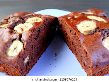 Closeup Of Mouthwatering Moist Texture Of Wholemeal Chocolate Banana Cake On A Plate