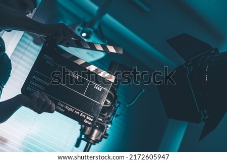 Closeup of a Movie Clipper During Video Shooting Process with Copy Space. Cinematography Theme.