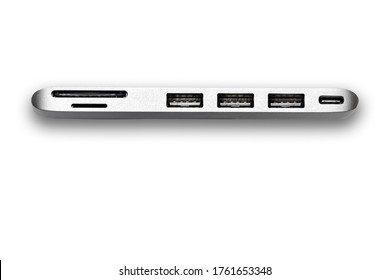 Close-up of a Multi Hub Adapter with Card Reader, and 3 USB 3.0 ports for laptop isolated over white.