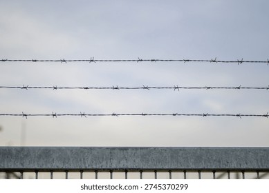 Close-up of multiple strands of barbed wire mounted on a metal fence against a cloudy sky, symbolizing security, restriction, and controlled access.