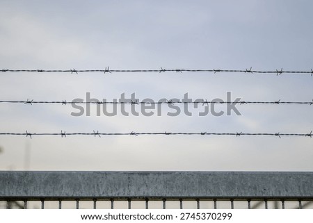 Close-up of multiple strands of barbed wire mounted on a metal fence against a cloudy sky, symbolizing security, restriction, and controlled access.