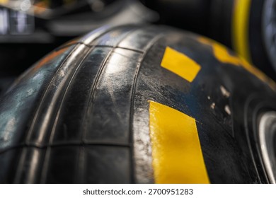 Close-up of multiple used Formula 1 tires, tightly packed, arranged vertically, with distinctive tread patterns, in black, gray, yellow, and white, subdued lighting, realistic style, angled perspecti