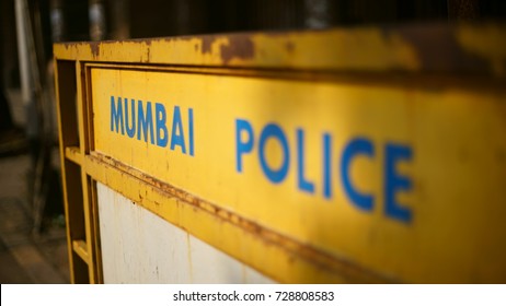 A Closeup Of A Mumbai Traffic Police Barrier With The Logo In Churchgate, Mumbai, Maharashtra, India. Shot In October 2017.