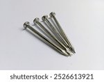 Close-up of a nail spike isolated against a white background. The image emphasizes the nail