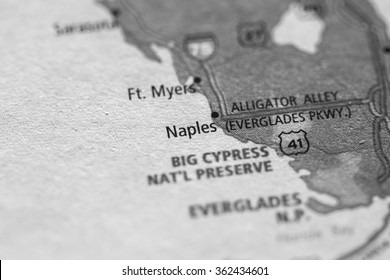 Closeup Of Naples, Florida On A Geographical Map. (black And White)