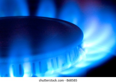 Close-up Of A Natural Gas Flame On A Stove Top.