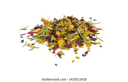 Closeup Of Natural Herbal Tea Made Of Various Loose Dried Herbs Isolated On White