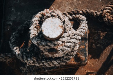 Close-Up of Nautical Rope Wrapped Around a Rusty Metal Post - Powered by Shutterstock