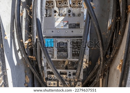 Close-up of a neglected and dirty switch box covered in cobwebs and dry leaves against gray background, dirty black wires, illuminated by sunlight, open box in a public park in Mexico