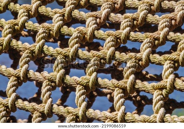 Closeup of net tube, a recreational rope\
structure for children and others to crawl through at treetop\
level, in a public nature preserve on a sunny day in southwest\
Florida. (Selective\
focus.)