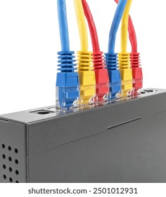 Closeup of network cables connected to router on white