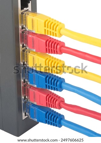 Closeup of network cables connected to router on white