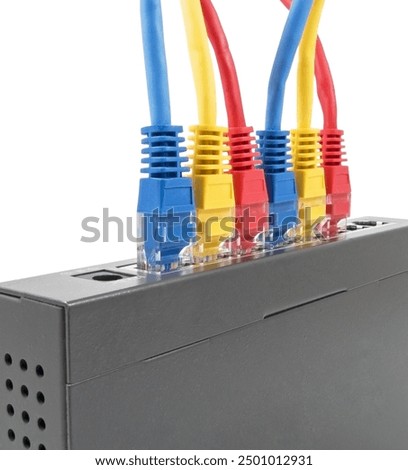 Closeup of network cables connected to router on white