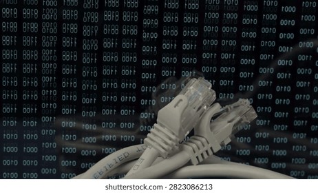 Close-up of network cables in front of binary code backdrop emphasizing data exchange in technology and communication systems. Ideal for tech-related content exploration.