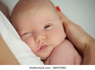 Closeup Of Newborn Baby Boy Sleeping On His MotherÃ?Â´s Chest