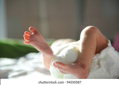 Closeup of newborn baby in clinic in a sunny day