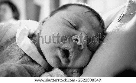 Similar – Image, Stock Photo Newborn baby with pompom hat sleeping and laughing on blanket