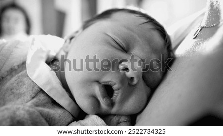 Similar – Image, Stock Photo Newborn baby with pompom hat sleeping and laughing on blanket