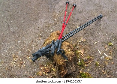 Close-up Nordic Walking Poles On Grass