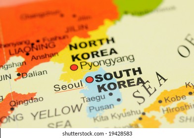 Closeup Of North Korea And South Korea On Map