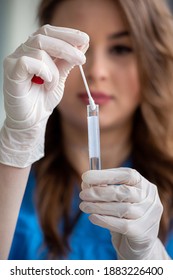 Closeup, Nurse Holding Nasal Swab Laboratory Test For Coronavirus Or COVID-19 