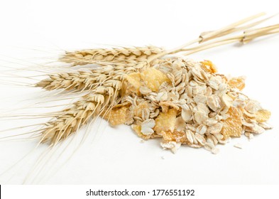 Closeup of oatmeal, corn flakes and wheat stems.Ripe cereal for breakfast