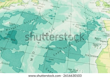 Close-up of oceanographic map showing depths, geographical features like coastlines, islands, underwater topography, color coding for depth contours, and geographic names such as the Bahamas Essenti