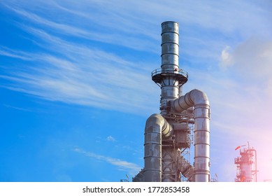 Closeup Oil And Gas Industrial,Oil Refinery Plant Form Industry, And Pipeline Steel With Blue Sky Background