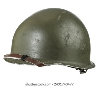 Close-up of an old army helmet, indicative of past military history, isolated on a white backdrop - Powered by Shutterstock