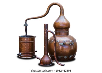 closeup old authentical copper home distiller isolated on white background