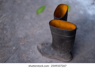 Close-up of old black rubber boots with a worn texture and a vibrant yellow inner lining, placed on a rustic outdoor surface. Perfect for concepts of hard work, farming, or vintage style.

 - Powered by Shutterstock