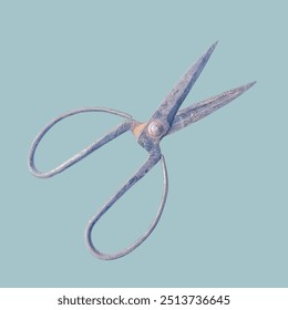 A close-up of a old broken pair of scissors striking blue surface, emphasizing their polished metal and precise edges.
