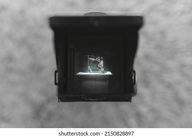 A closeup of an old camera