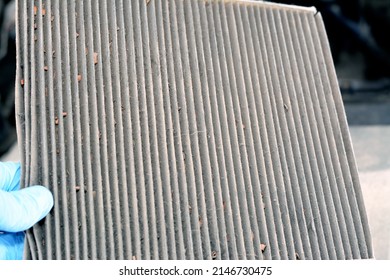 A Closeup Of An Old Dirty Used Car AC Air Conditioning Filter Full Of Dust Removed From The Vehicle To Be Replaced With A New One, Cabin Air Carbon Filter, Rectangular, Foam Rubber Sealing Strip Edge