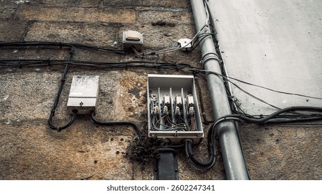 Close-up of an old electrical distribution box with open cover and exposed wiring mounted on a weathered stone wall, along with cables and conduit pipes, outdoors during daytime