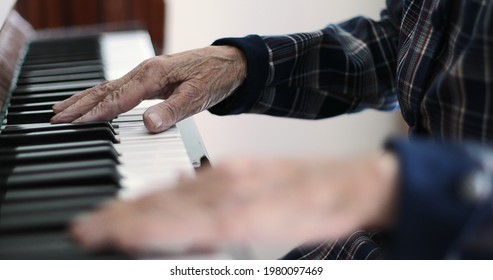 Close-up of old female hands with deep wrinkles playing the piano. An old grandmother pianist is engaged in music.
