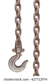 Closeup of old hook metal chain links rusty hook on chain isolated on white background. This has clipping path.